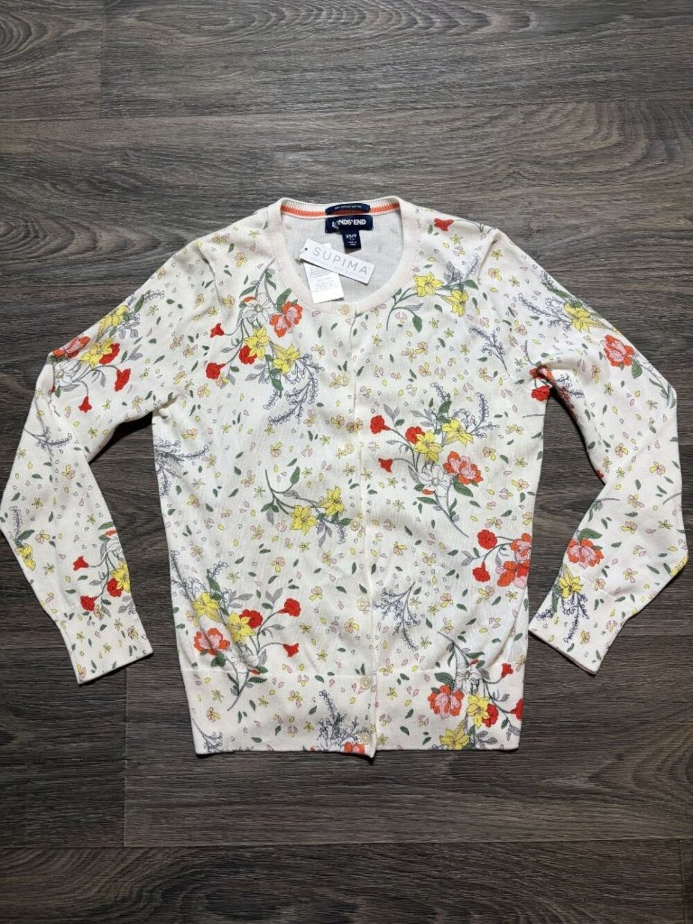 Lands End Floral Cardigan XS Supima Cotton Long Sleeve Cottagecore NEW